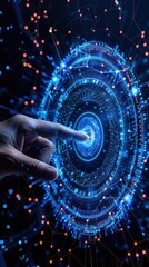 A futuristic hand interacting with a glowing digital interface, representing technology and innovation in a virtual world.