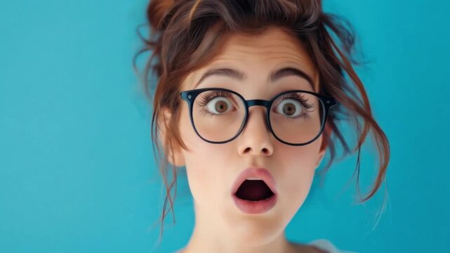 Very surprised looking woman, woman wearing black rimmed glasses and updo style, brown hair, blue background