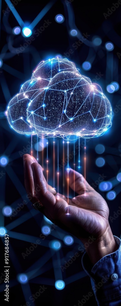 Poster a hand holding a digital cloud with glowing connections and data streams, representing technology an