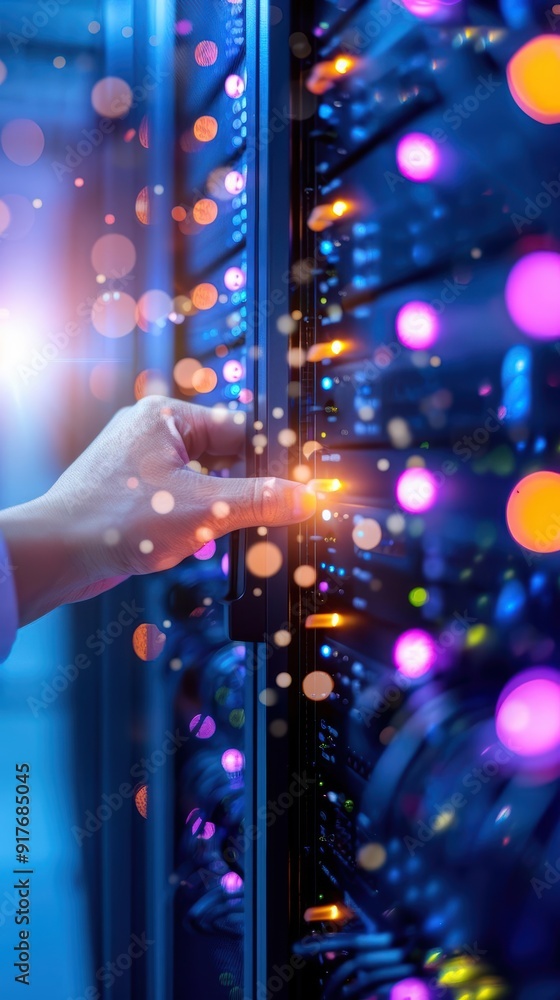 Aufkleber a hand operates a server in a modern data center, illuminated by vibrant lights and a blurred backgr