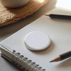 Minimalistic workspace with a blank notebook, round pencil sharpener, and two pencils, perfect for creative writing or sketching.