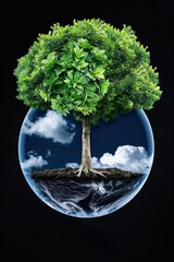 A lush green tree emerges from a globe, symbolizing environmental sustainability and harmony with nature.