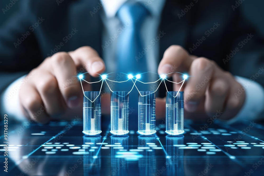 Poster a professional analyzing data with glowing test tubes on a digital interface, representing innovatio