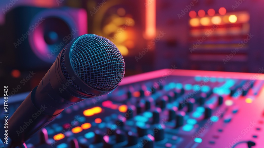 Poster close-up of a microphone in a recording studio with colorful lights