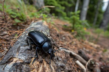 A close-up of a black beetle crawling on a log in a lush forest, showcasing intricate details and natural surroundings.