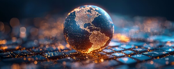 A glowing globe representing Earth, surrounded by a futuristic digital background, symbolizing technology and connectivity.