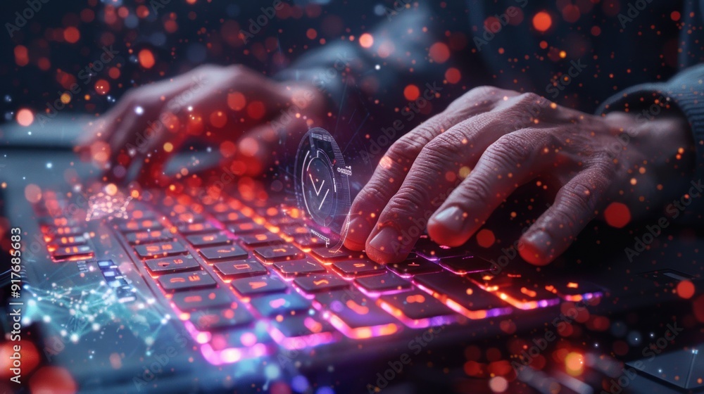 Poster hands typing on a keyboard with digital effects
