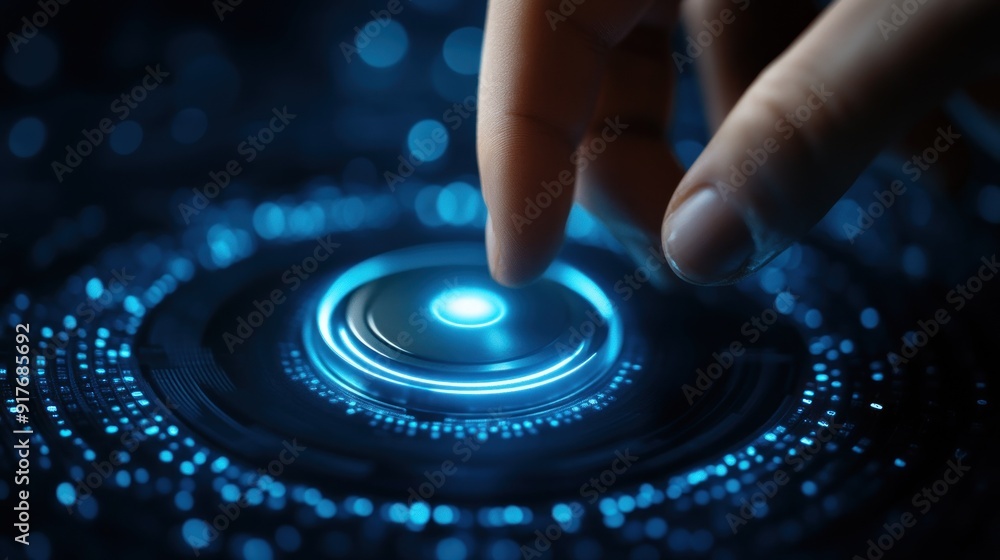 Aufkleber hand pressing a glowing button on a futuristic interface