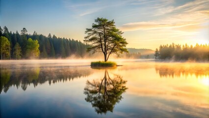 Obraz premium Lonely tree standing in the foggy forest on the edge of a calm lake at sunrise , Solitude, Nature, Mist, Trees, Lake