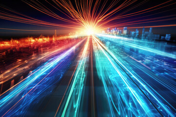 Fototapeta premium generated illustration of fast express passenger train, futuristic conceptual technology on high speed railway.