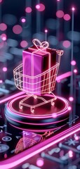 A vibrant digital shopping cart icon with gift boxes, symbolizing online retail and e-commerce, illuminated with colorful neon lights.