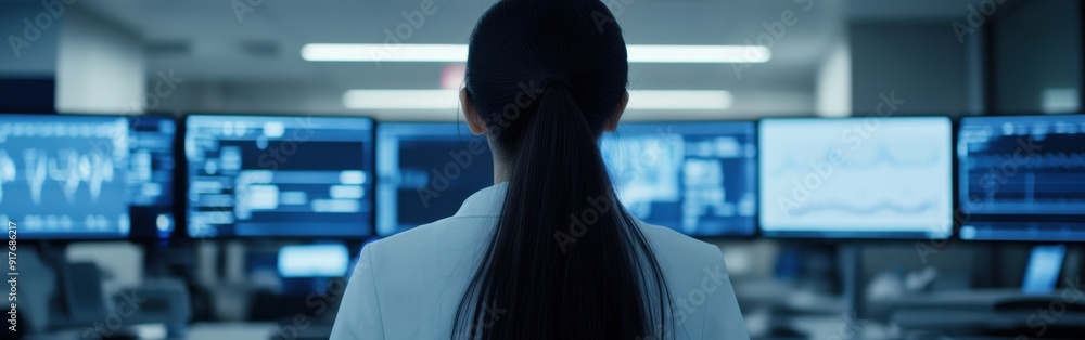 Poster a professional analyzing data on multiple screens in a modern office environment, showcasing technol
