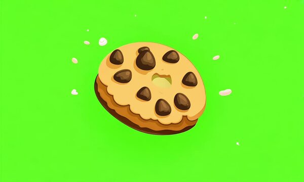 Chocolate chip cookie with a bite mark on a green background, perfect for sweet treat and dessert-themed visual