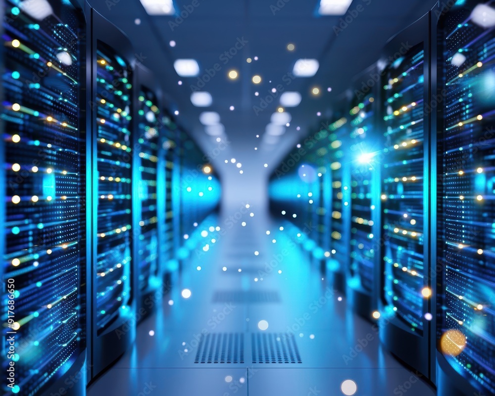 Poster futuristic data center with glowing servers and illuminated aisle, showcasing advanced technology an
