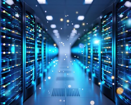 Futuristic data center with glowing servers and illuminated aisle, showcasing advanced technology and digital innovation.