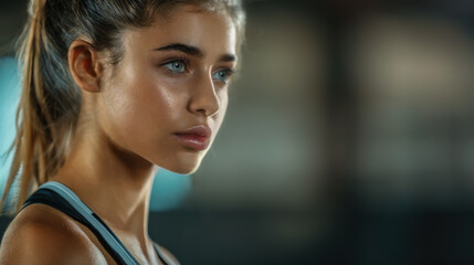A pensive portrait of a young female gymnast or swimmer. Teenage athlete. Competitive expression.