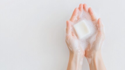 Fototapeta premium Hands holding a bar of soap surrounded by bubbles on a light background, symbolizing cleanliness and hygiene.