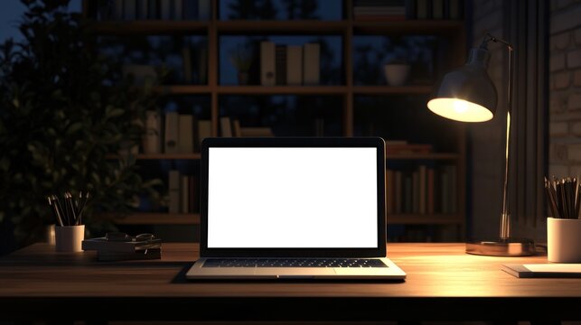 Laptop with Blank Screen on a Wooden Desk at Night