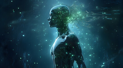 3d illustration rendering human power, resurrection, artificial intelligence, strength and wisdom combine with lightning, particles on dark background