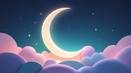 Crescent moon, clouds, stars, and pastelcolored night sky for dreamy and celestialthemed designs, backgrounds, or prints. Ideal for mystical designs and inspirational projects.