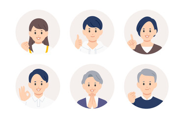 ポジティブな高校生･中年･シニアの顔アイコンセット【人物ベクターイラスト素材】