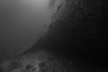 SS Thistlegorm WW2 Ship Wreck Hull Sunken in the Red Sea in Egypt in Grainy, Myterious Black and White