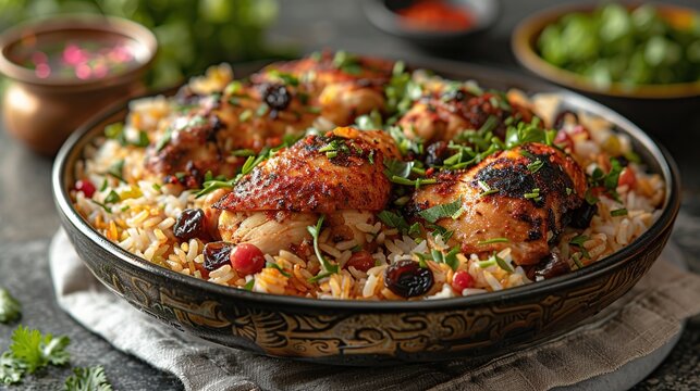 Traditional Saudi Kabsa with Spiced Rice, Chicken, and Raisins