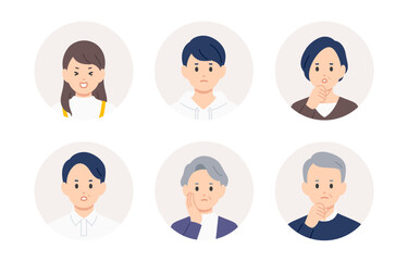 ネガティブな高校生･中年･シニアの顔アイコンセット【人物ベクターイラスト素材】