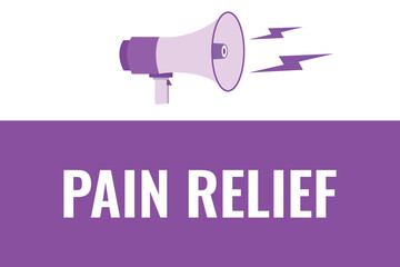 pain relief button, banner, label, template for website. pain relief text with colorful megaphone icon