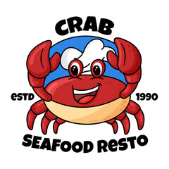 Red Crab Cartoon Mascot Wearing a Chef Hat. Can be Used for Seafood Restaurant Logo, Cute Cartoon, Doodle Style