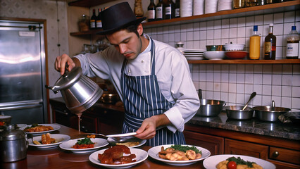 Side view of man in hat serving meal in restaurant kitchen pouring dishes with sauce
