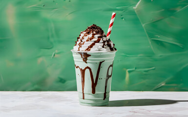 A mint chocolate milkshake in a plastic cup