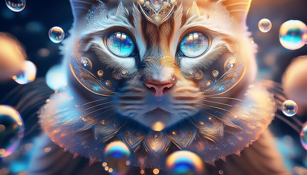 青い目の猫、泡、幻想的、光の反射、輝く毛並み、神秘的な雰囲気、夢幻的、かわいい動物、ソフトフォーカス、オレンジと青の光