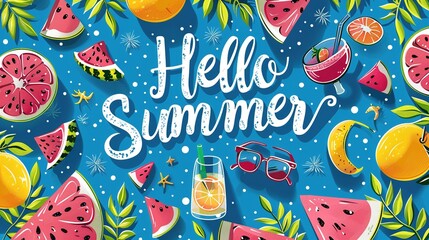 Fun Summer Beach Themed Illustrations on Blue