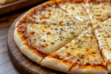 Classic Cheese Pizza with Seasoning on Wooden Board