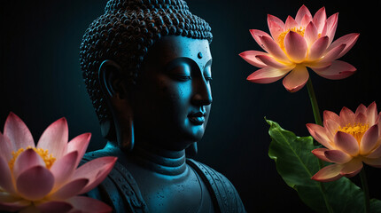a statue of a buddha with a candle and flowers