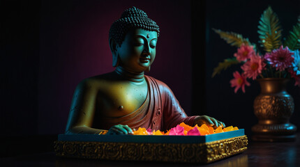 a statue of a buddha with a candle and flowers