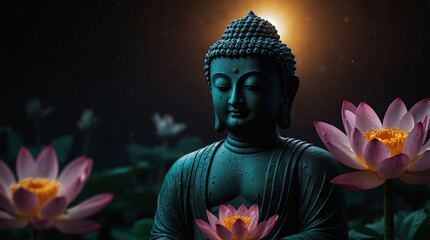 a statue of a buddha with a candle and flowers