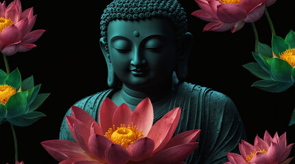 a statue of a buddha with a candle and flowers