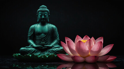 a statue of a buddha with a candle and flowers