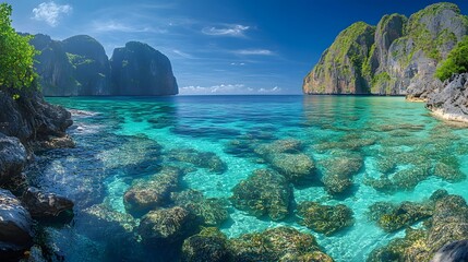 Fototapeta premium Crystal Clear Water and Lush Green Cliffs in a Tropical Lagoon. generative ai illustration.