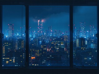 glowing city skyline through window at night
