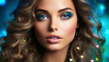 Fototapeta premium Portrait of beautiful young woman with bright make-up and sparkles