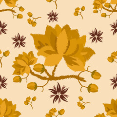 Fototapeta premium Hand drawn ikat pattern, brown blackgrond, seamless floral motif, embroidery, floral print, pattern, design for wrapping, silk, scarf, background, textile.