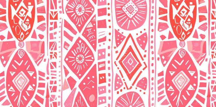 Abstract pink and white hand drawn geometric seamless pattern with a tribal ethnic design