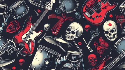 Design a seamless pattern with rock and roll elements like electric guitars, drums, and skulls