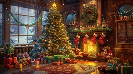 Obraz premium A brightly lit Christmas tree and fireplace create a warm and inviting ambiance in this festive scene