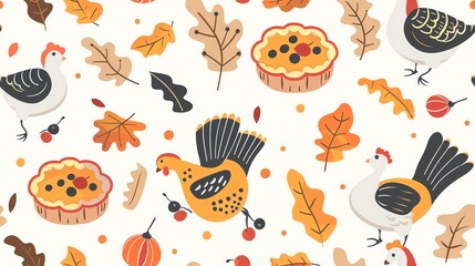 Design a seamless pattern with Thanksgiving elements like turkeys, leaves, and pies