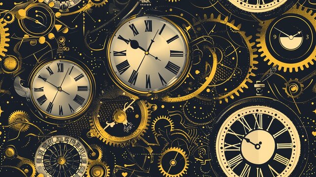 Design a seamless pattern with time travel motifs like clocks, gears, and time machines