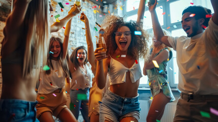 The joyous celebration sees friends dancing together, surrounded by vibrant streamers and the sounds of laughter